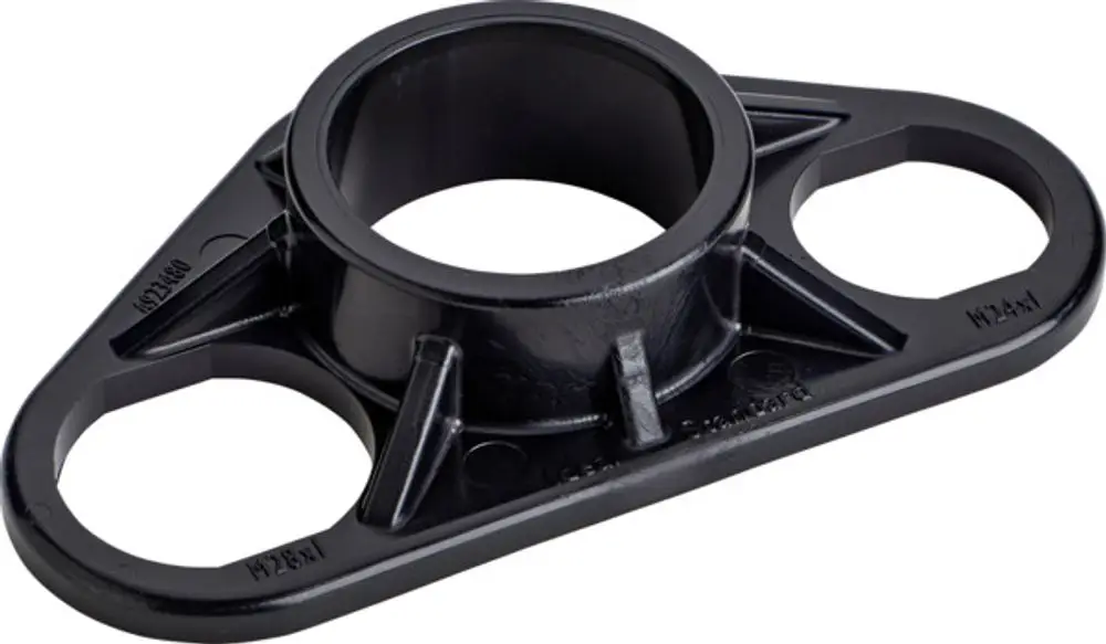 Schwarze Unterlegplatte aus Kunststoff mit zentralem Loch und zwei seitlichen Aussparungen, hergestellt von Ideal Standard.